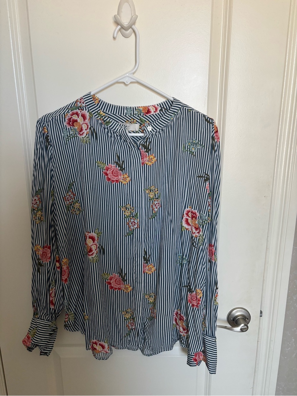 LOFT Navy and White Striped Blouse with Pink Floral Print